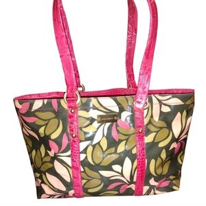 Brahmin Vibrant Pink and Olive Leaf Tote
